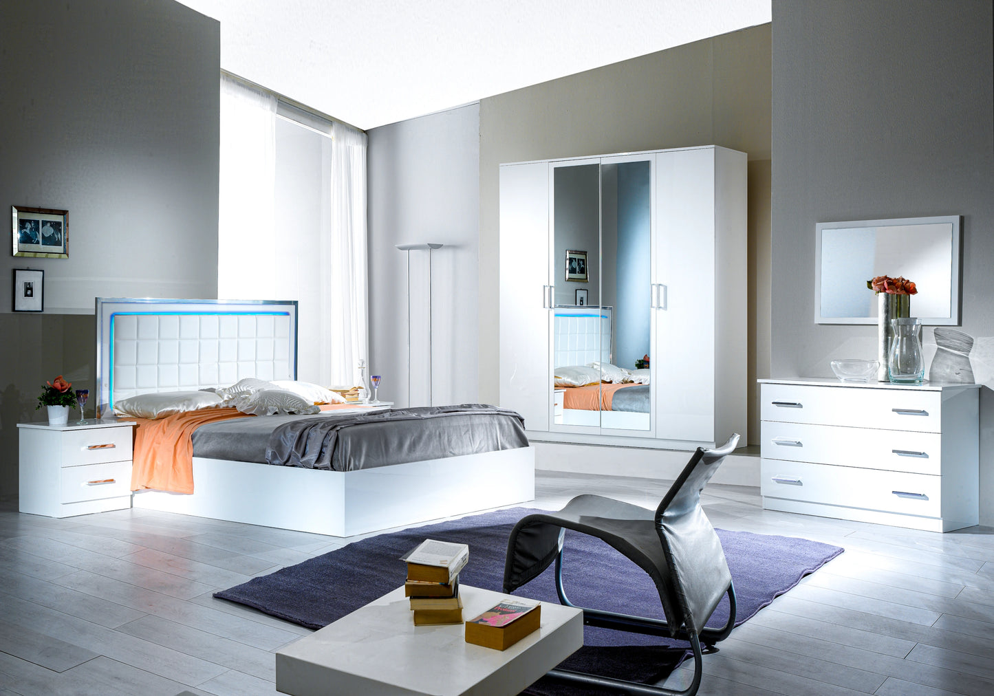 Chambre complète blanche laquée capitonnée LED - LUCIA