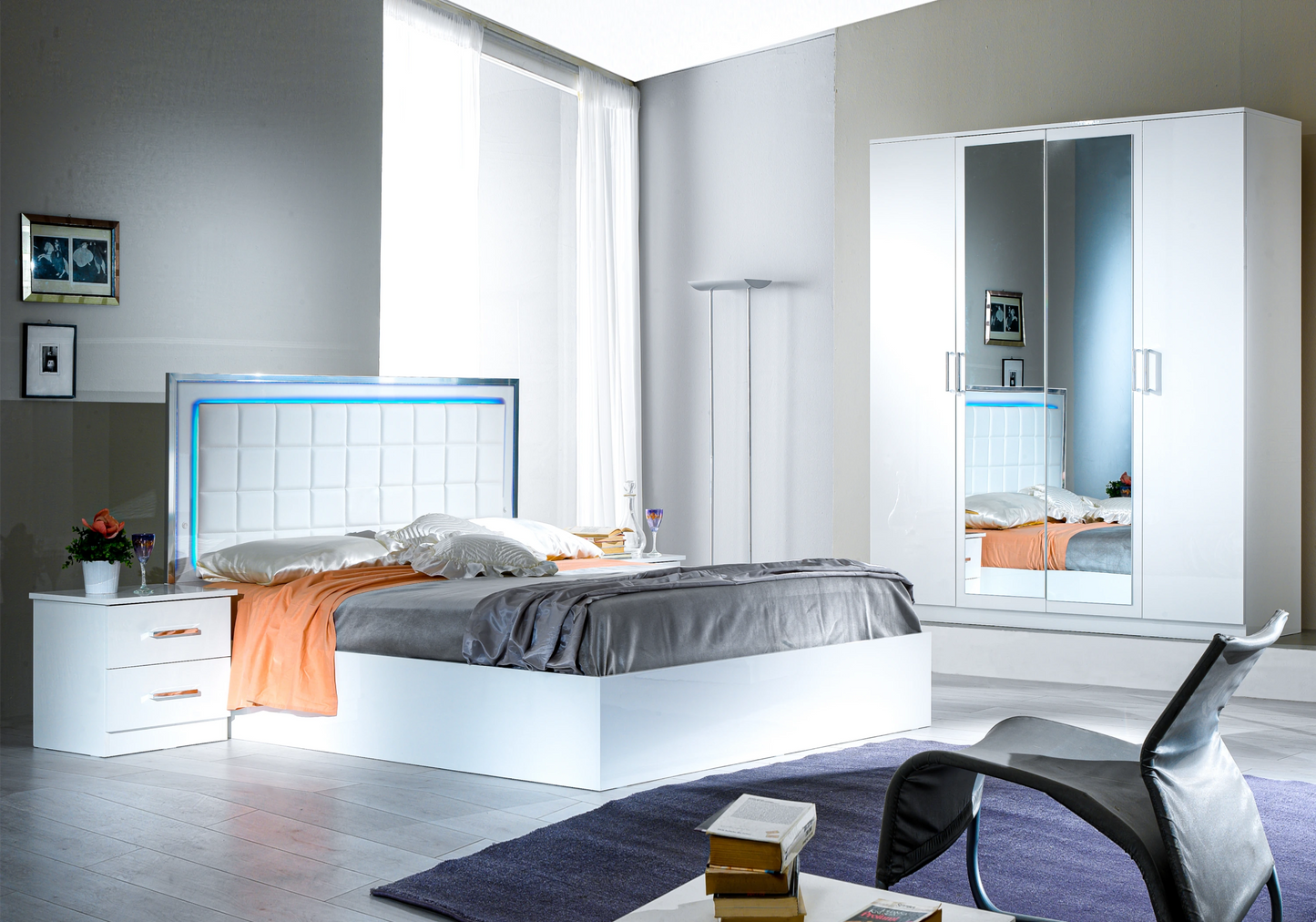 Chambre complète blanche laquée capitonnée LED - LUCIA