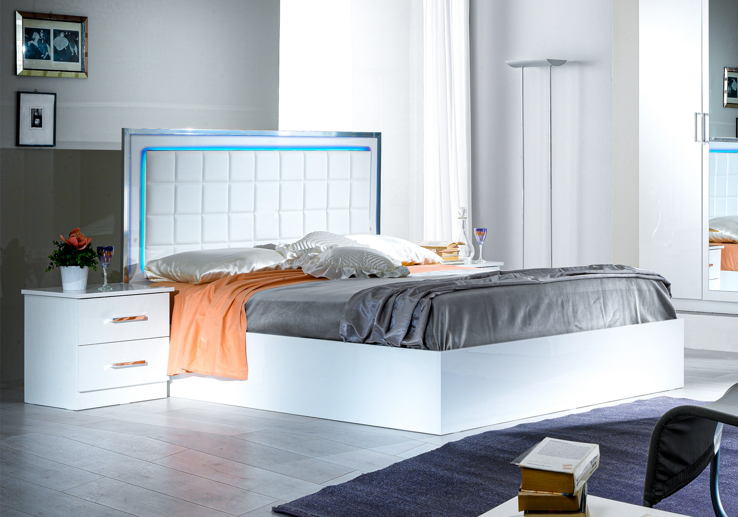 Chambre complète blanche laquée capitonnée LED - LUCIA