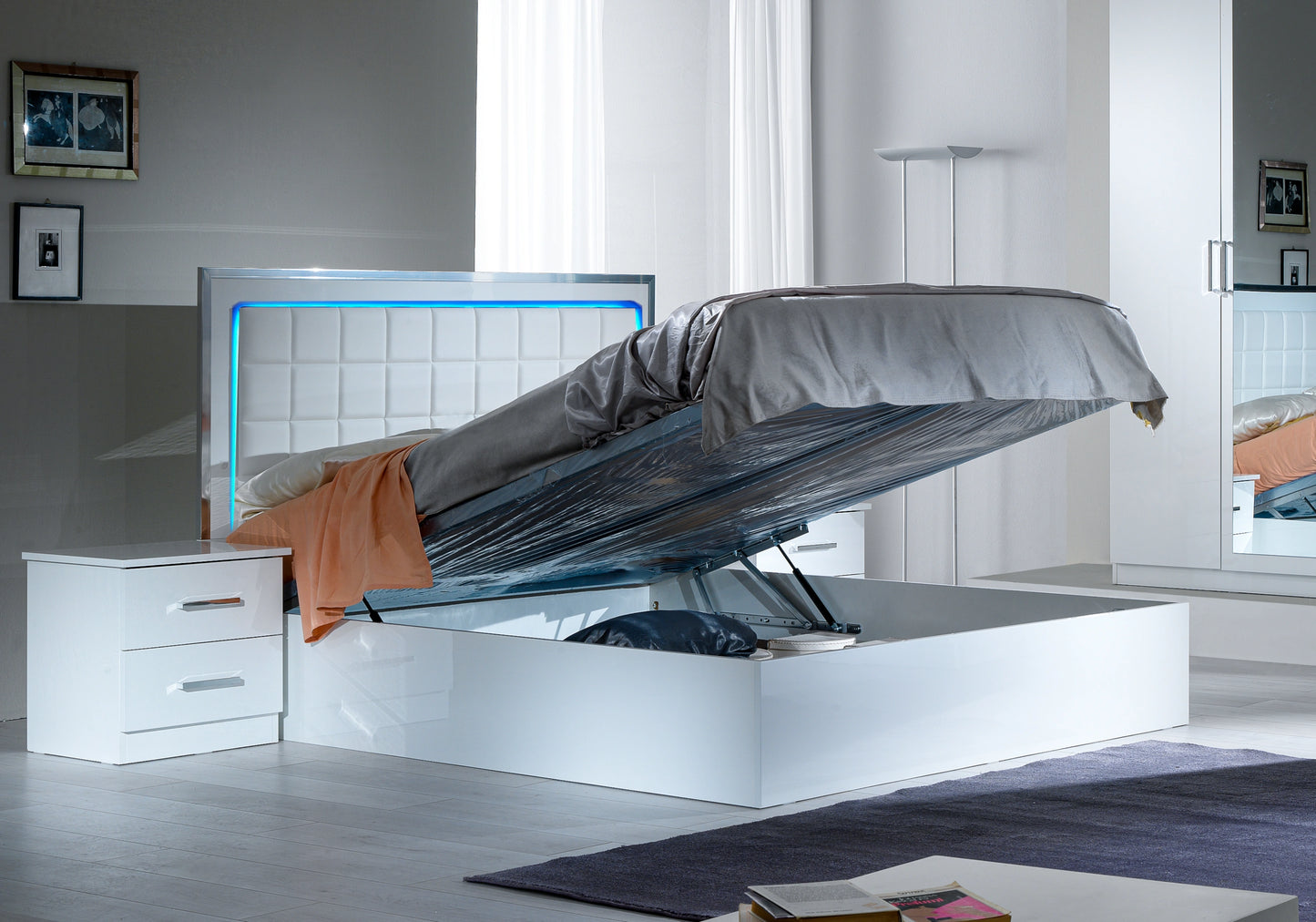 Chambre complète blanche laquée capitonnée LED - LUCIA