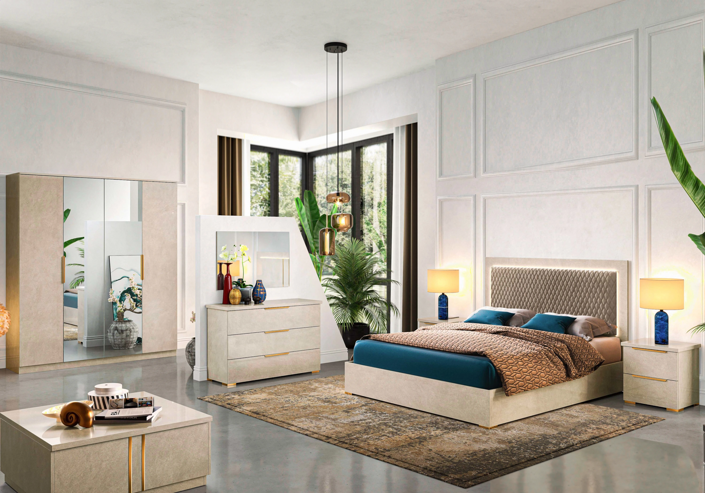 Chambre complète capitonnée marbre beige – LUNA