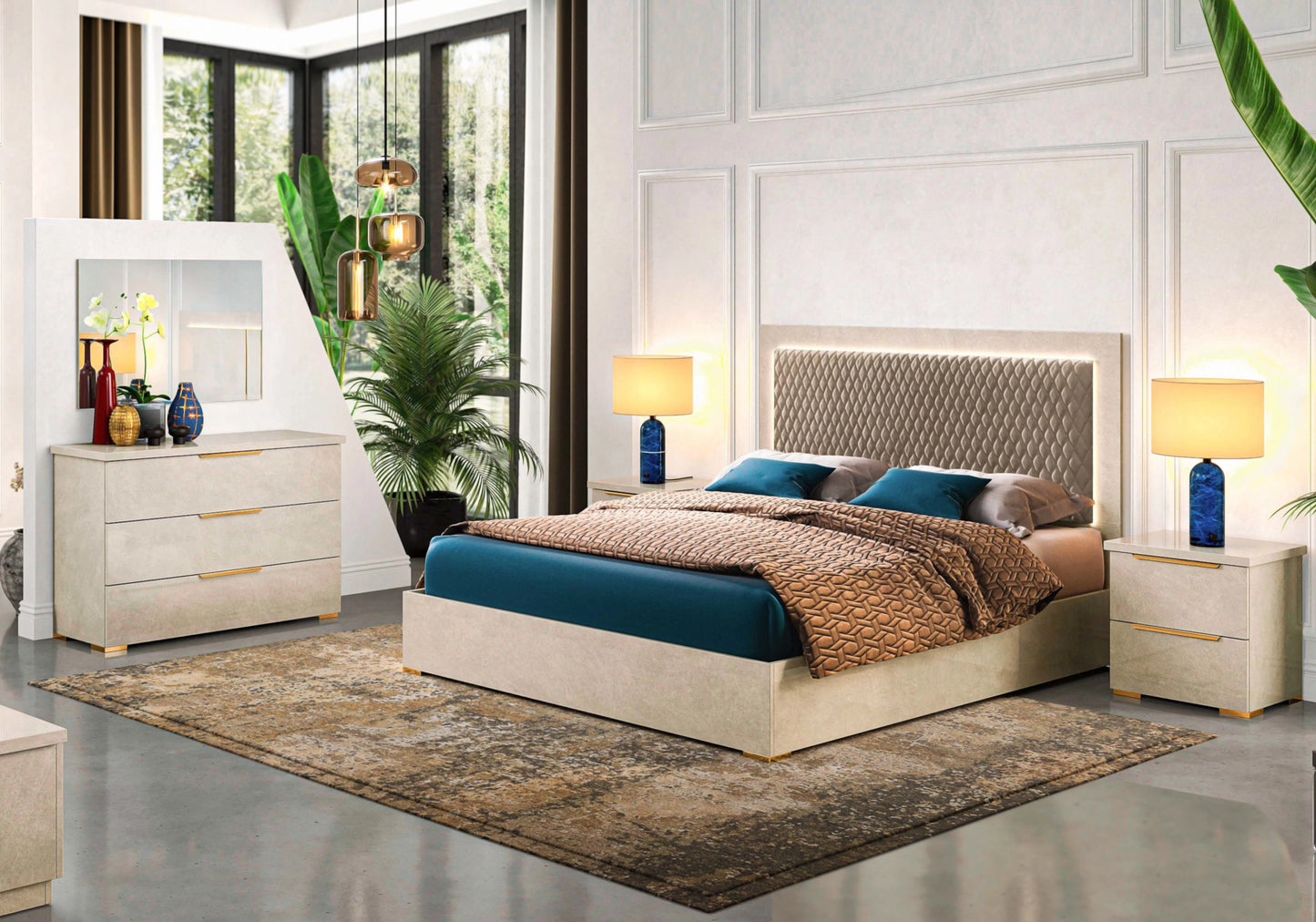 Chambre complète capitonnée marbre beige – LUNA