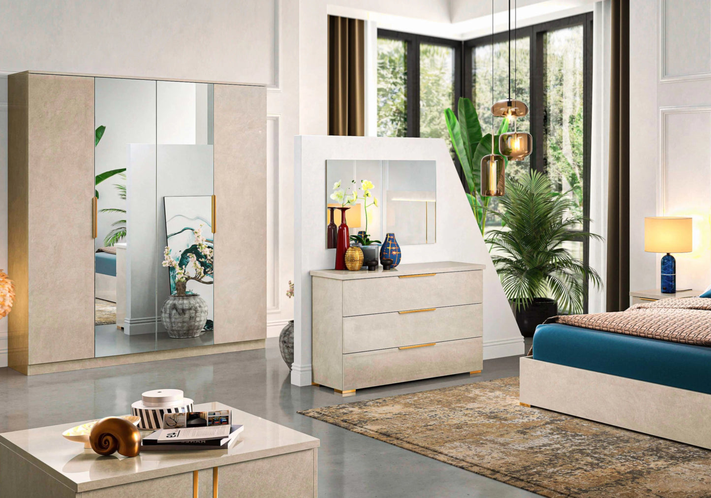 Chambre complète capitonnée marbre beige – LUNA