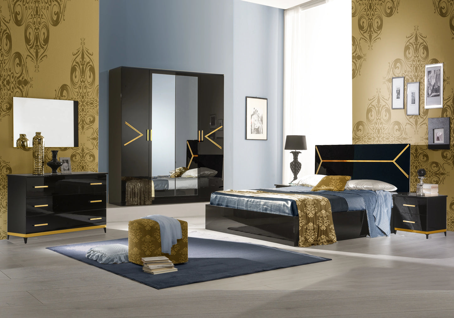 Chambre complète laquée noire et dorée - NOX