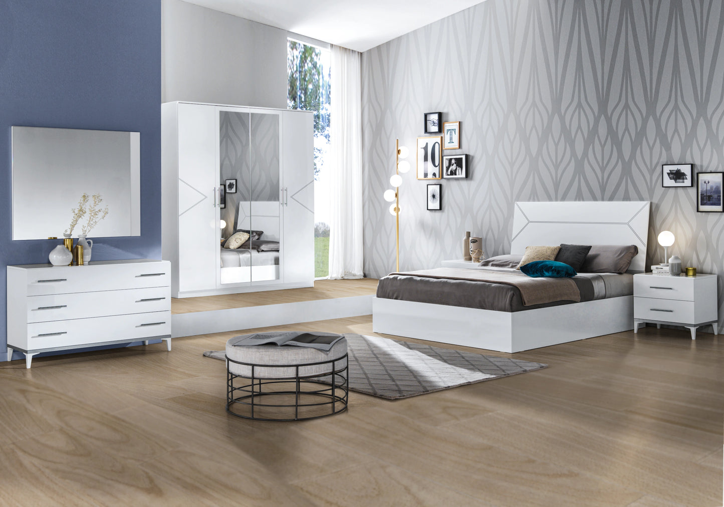 Chambre complète laquée blanche et argentée - NOX