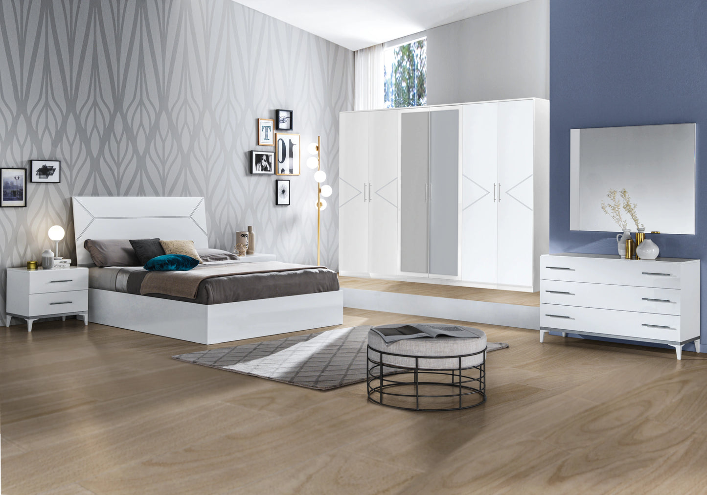 Chambre complète laquée blanche et argentée - NOX