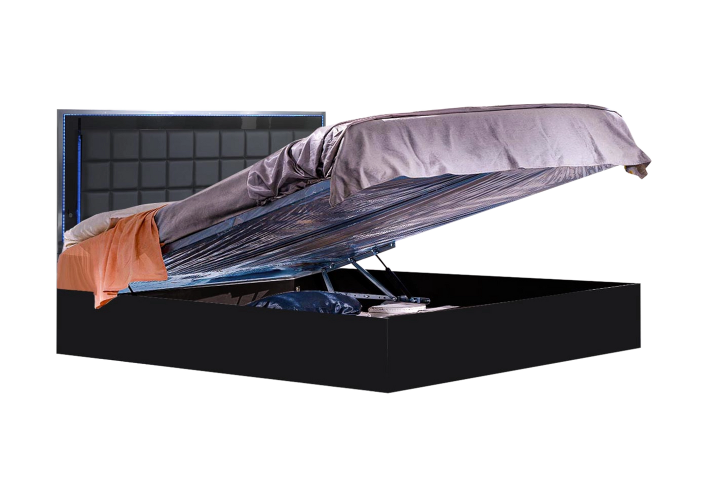 Chambre complète noire laquée capitonnée LED - LUCIA