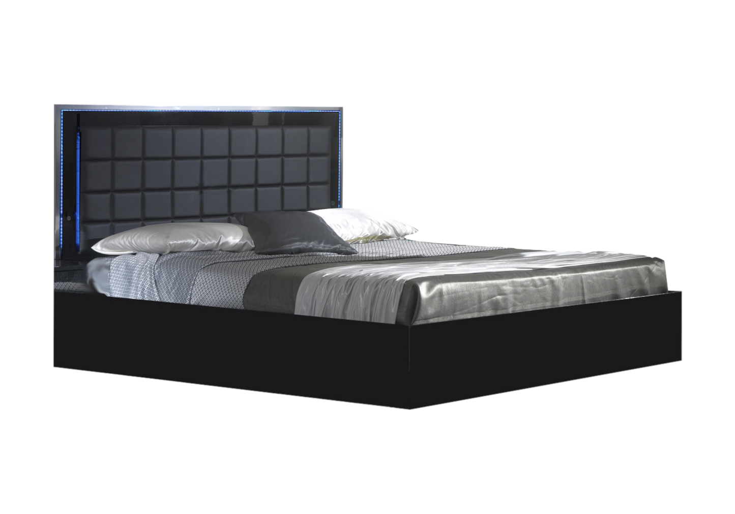 Chambre complète noire laquée capitonnée LED - LUCIA