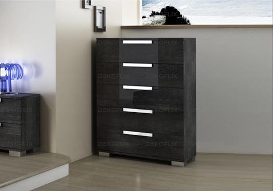 Chiffonnier Sarah 5 Tiroirs en Bois de Bouleau Gris - DEKOFLIX