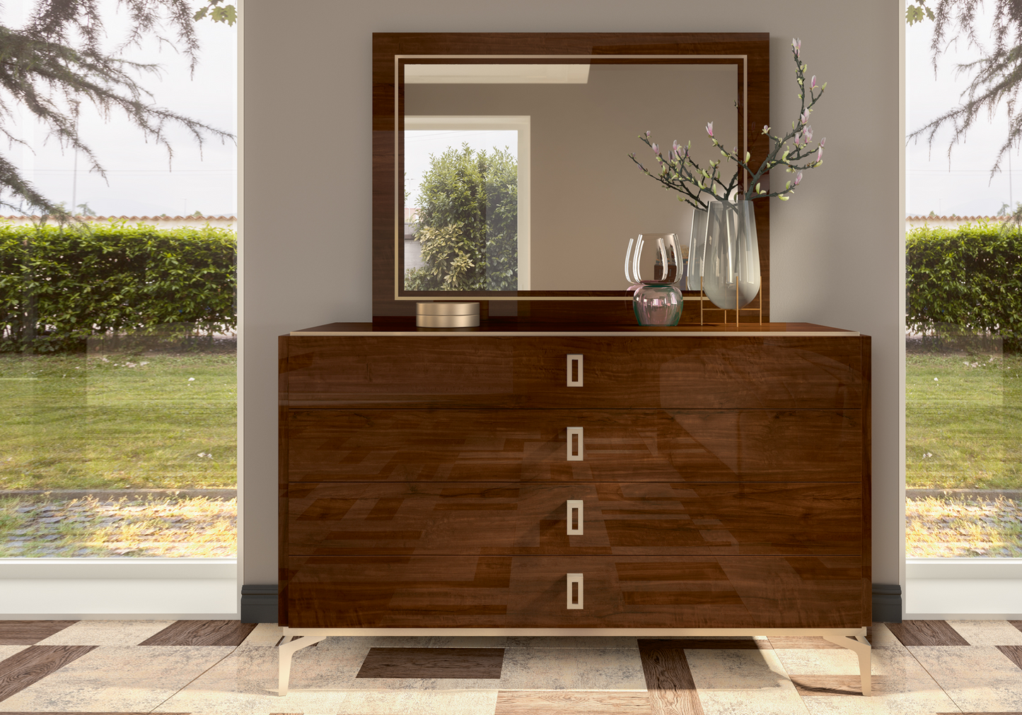 Chambre 160x200 noyer commode miroir – Eva