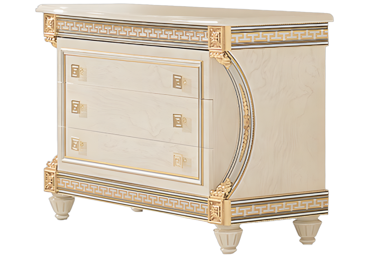 Commode 3 tiroirs blanc laqué avec ornements dorés - Liberty