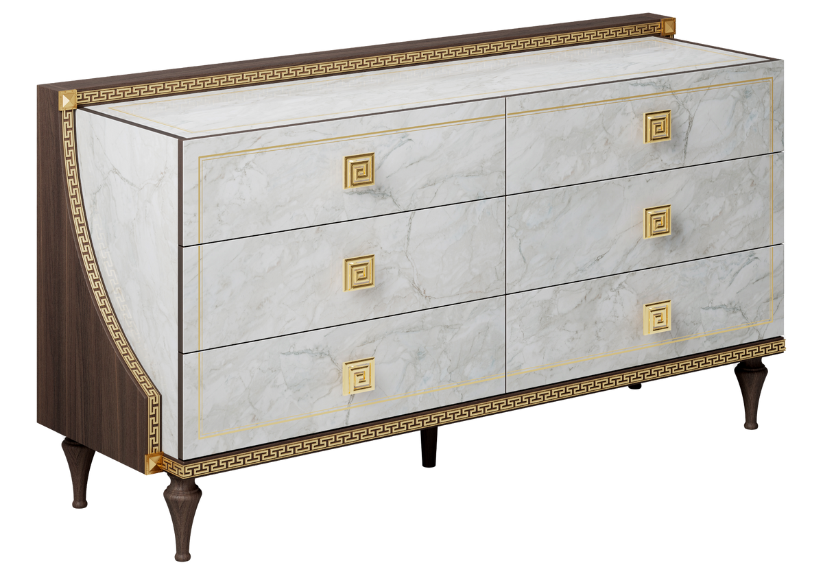 Commode 6 tiroirs marbre noyer et or 24K - Romantica