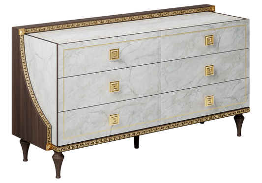 Commode 6 tiroirs marbre noyer et or 24K - Romantica