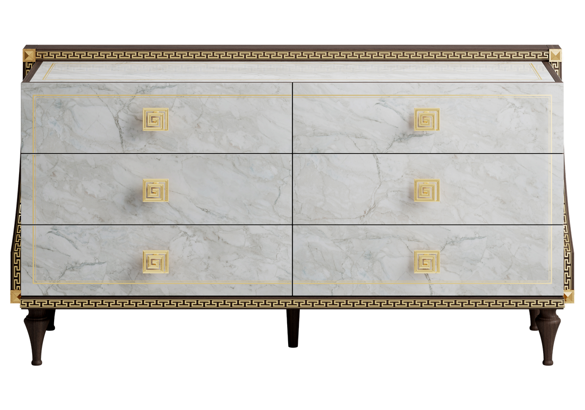 Commode 6 tiroirs marbre noyer et or 24K - Romantica