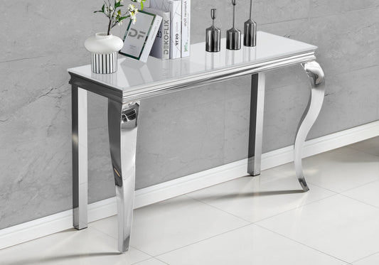 Console design verre blanc pied argent – NEO