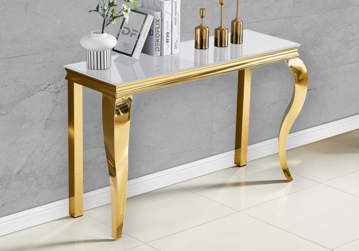Table verre blanc et chaises simili-cuir noir doré – NEO