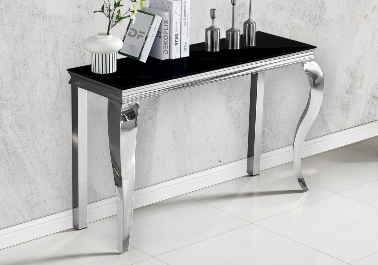 Meuble TV verre noir pied argent – NEO