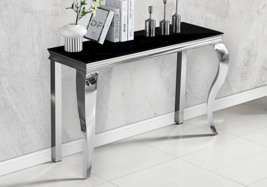 Console design verre noir pied argent – NEO