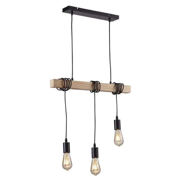 DETROIT Suspension industrielle 3 tetes en bois - 7 x 60 x H150 - Noir - Ampoules décoratives E27 40W fournies DEKOFLIX