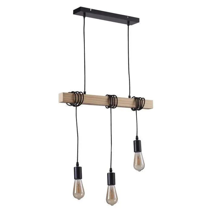 DETROIT Suspension industrielle 3 tetes en bois - 7 x 60 x H150 - Noir - Ampoules décoratives E27 40W fournies DEKOFLIX