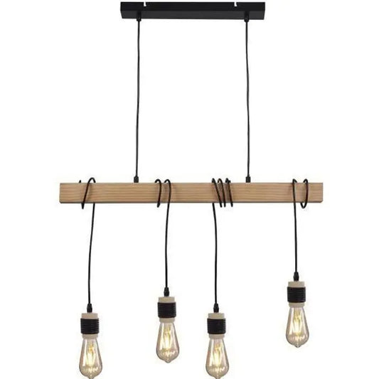 DETROIT Suspension industrielle 4 tetes en bois - 7 x 70 x H150 - Noir - Ampoules décoratives E27 40W fournies DEKOFLIX