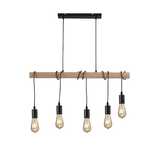 DETROIT Suspension industrielle 5 tetes en bois - 7 x 90 x H150 - Noir - Ampoules décoratives E27 40W fournies DEKOFLIX