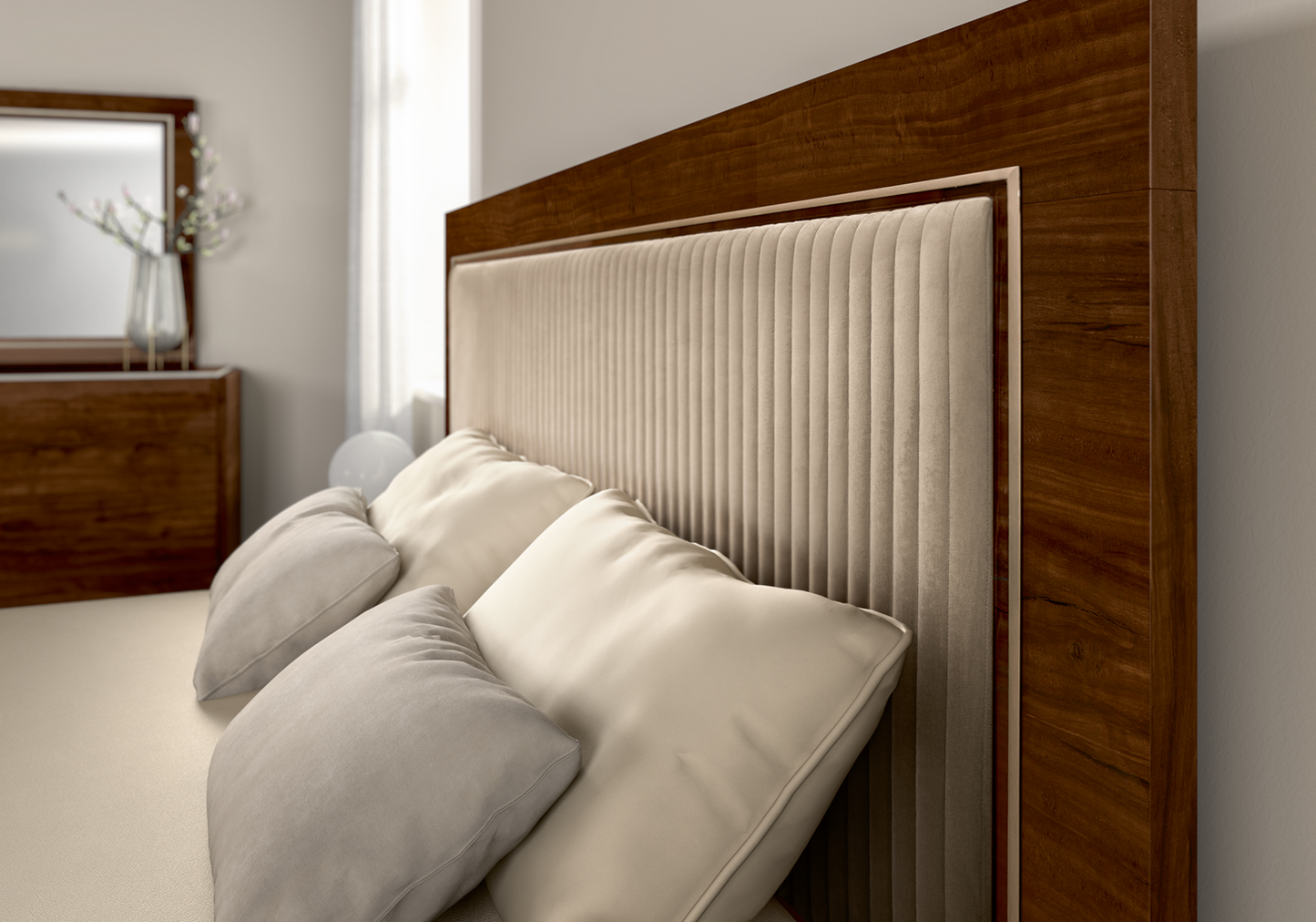 Chambre 160x200 noyer commode miroir – Eva