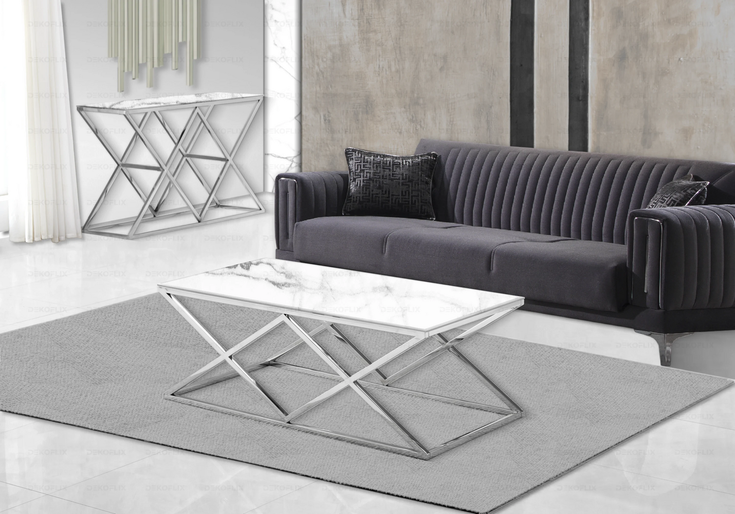 Banc capitonné velours gris chromé design ERLY