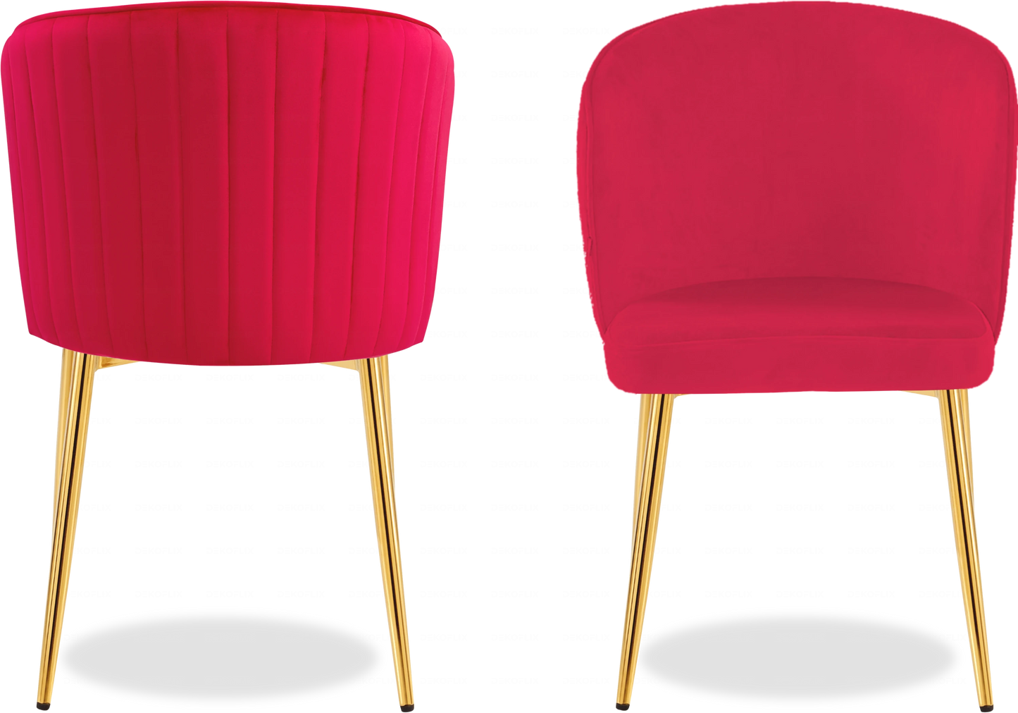 Salle à manger marbre blanc et Chaises velours fuchsia doré ERLY