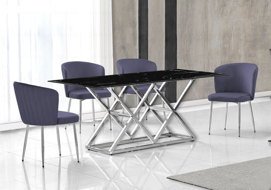 Table marbre noir et Chaises velours anthracite chromé ERLY