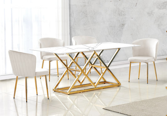 Table marbre blanc et Chaises velours beige doré ERLY