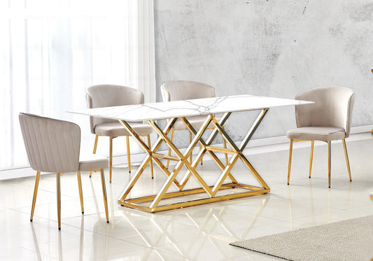 Table marbre blanc et Chaises velours moka doré ERLY