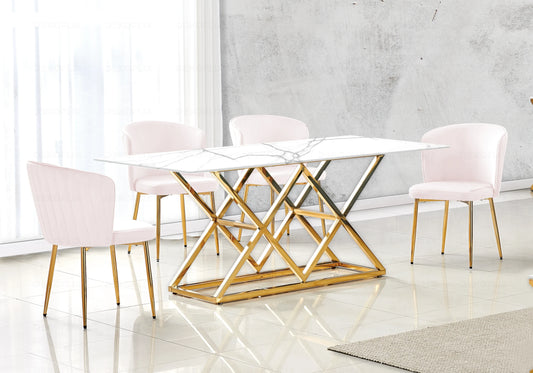 Table marbre blanc et Chaises velours rose doré ERLY