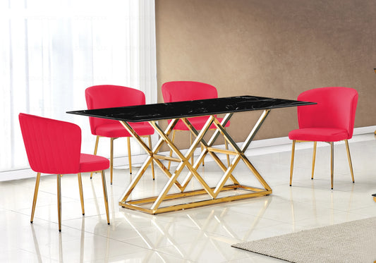 Table marbre noir et Chaises velours fuchsia doré ERLY