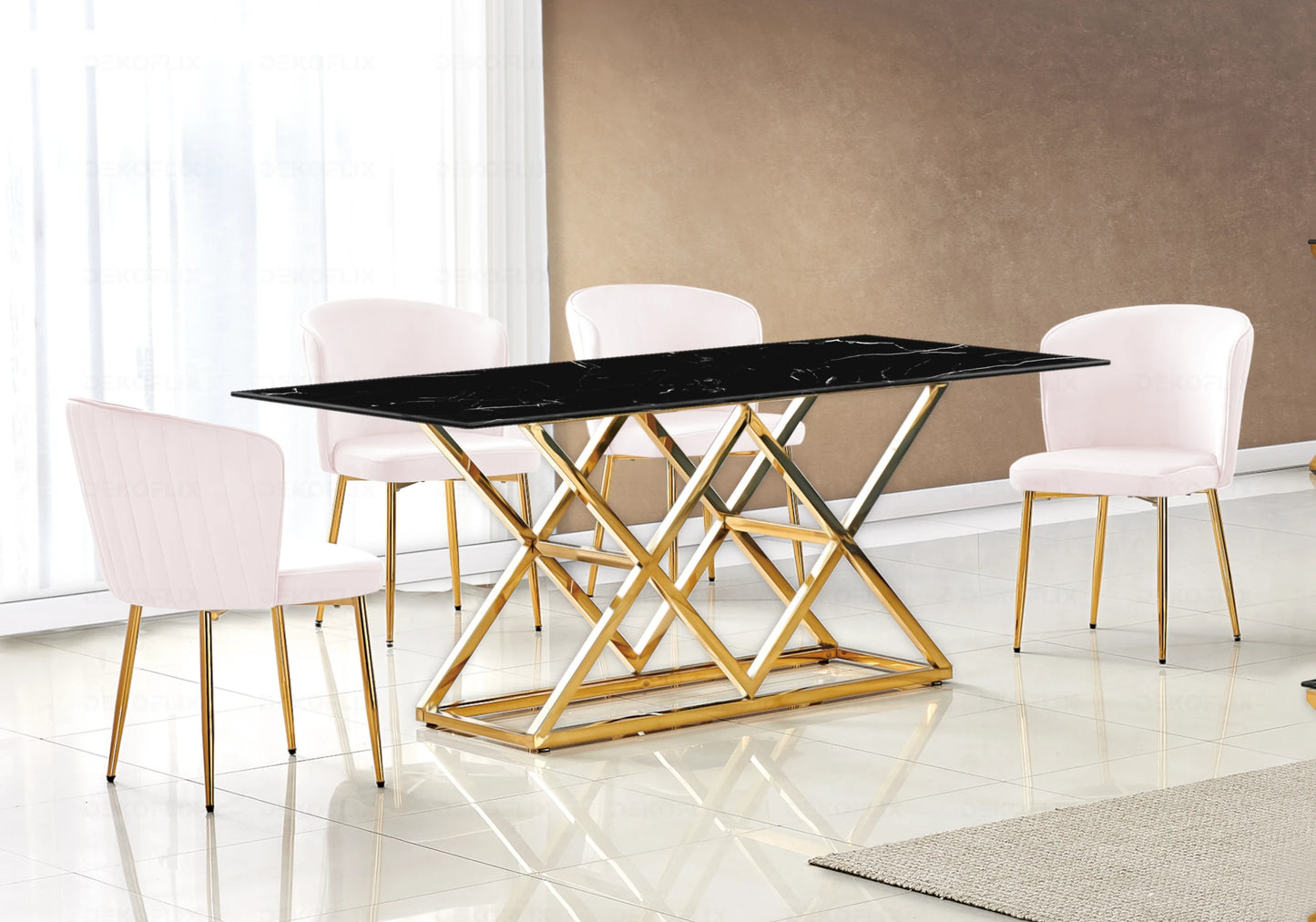 Table marbre noir et Chaises velours rose doré ERLY