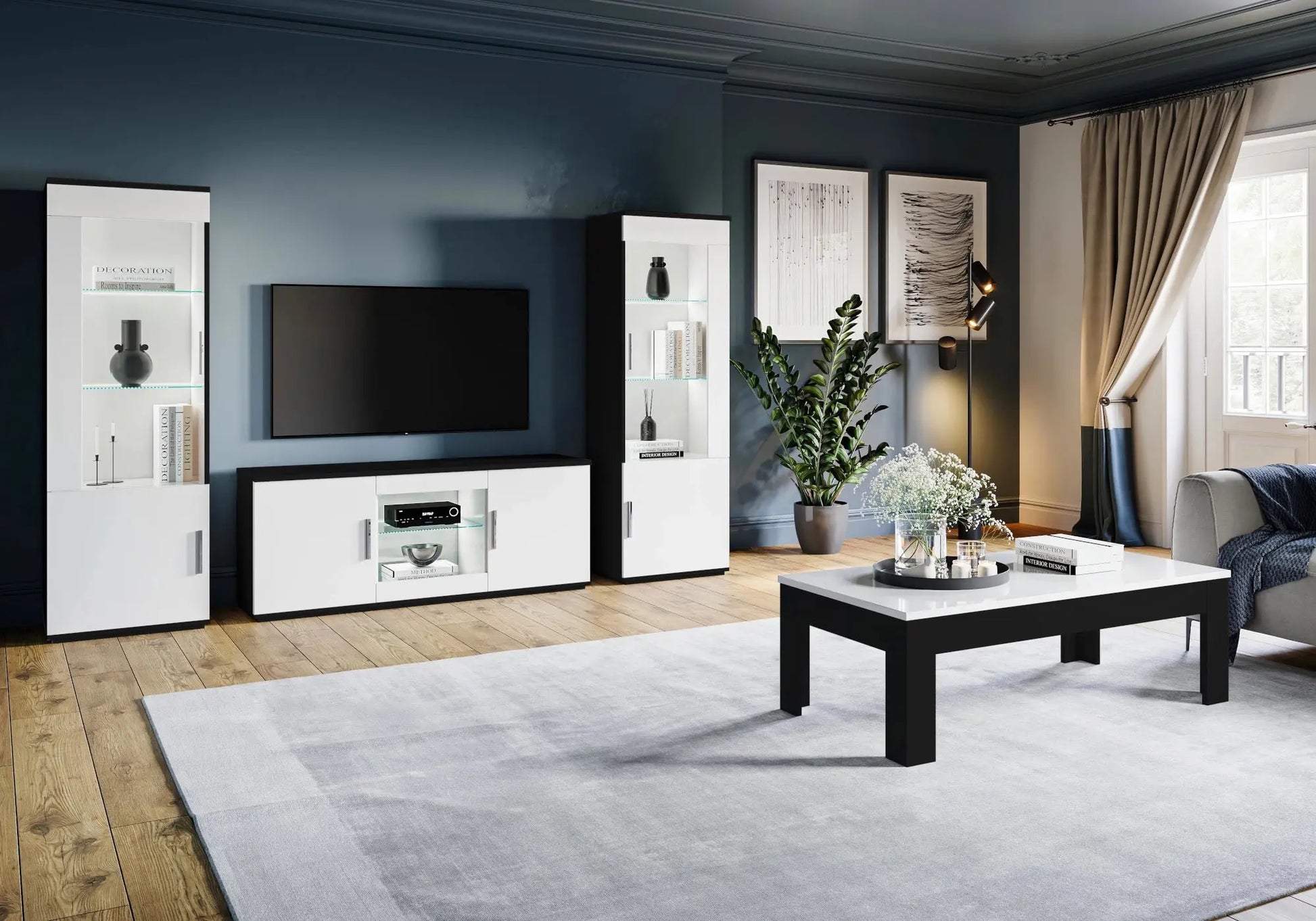 Enseble meuble TV laqué noir blanc VENERE - DEKOFLIX