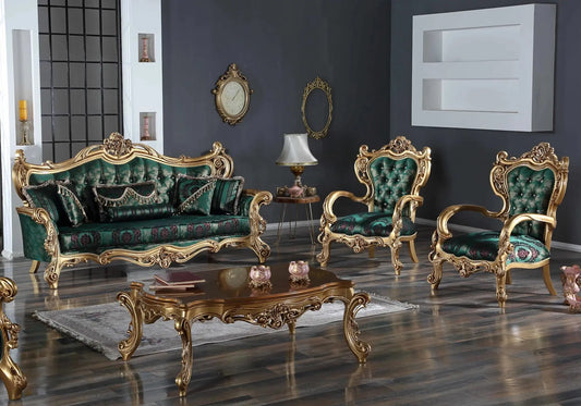 Canapé baroque vert ŞEHRAZAT en velours luxueux