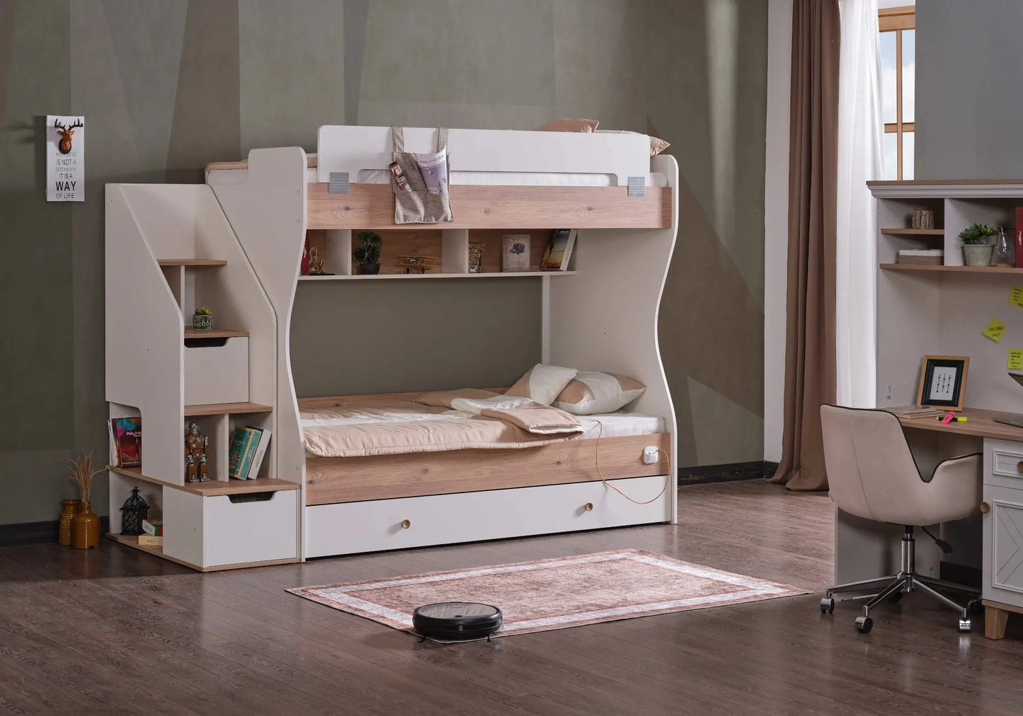 Ensemble chambre jeune lit superposé beige ATLAS kelekci.com