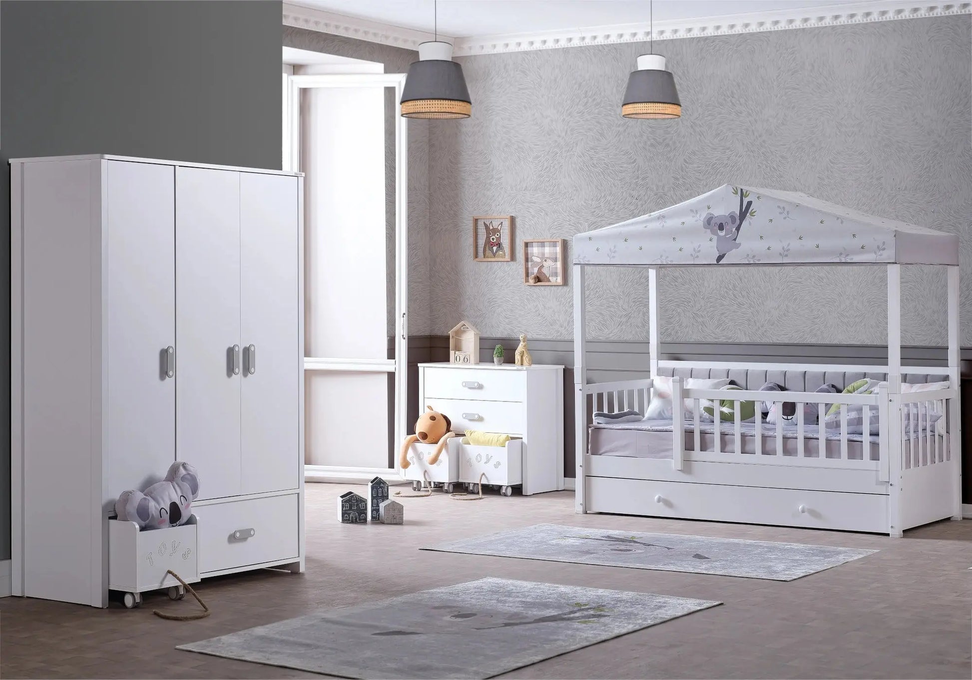 Ensemble de chambre enfant montessori gris avec rangement