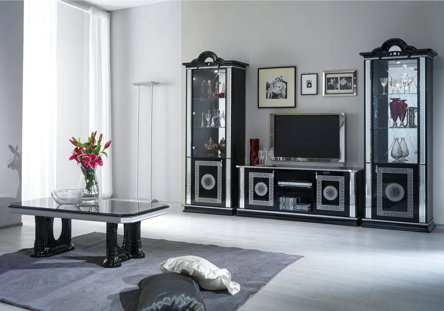 Ensemble meuble tv laquée Noir argent ALİA Made in Italy