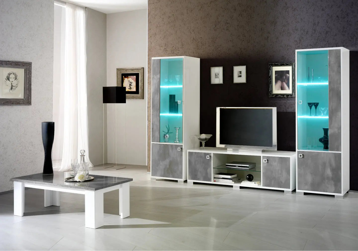 Ensemble meuble tv laquée gris blanc SARAH Made in Italy