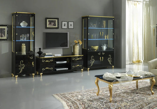 Ensemble meuble tv laquée or noir ROSA Made in Italy
