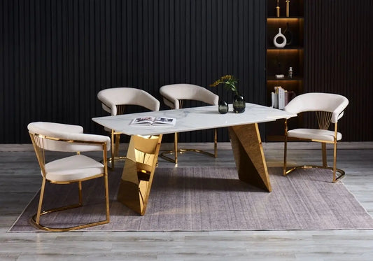 Ensemble table chaise doré céramique marbre blanc LALA élégant