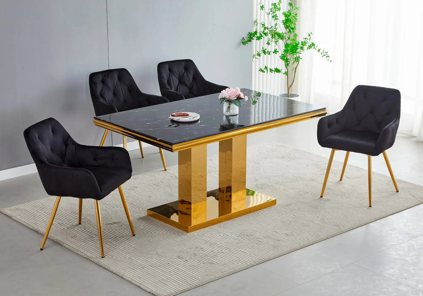 Ensemble table chaise dorée marbre noir VERSUS New Design