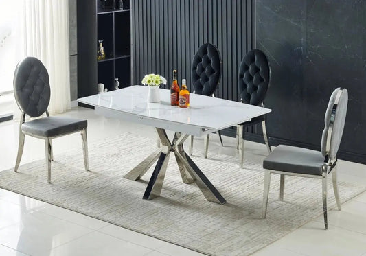 Table et chaises extensible marbre blanc LIKA