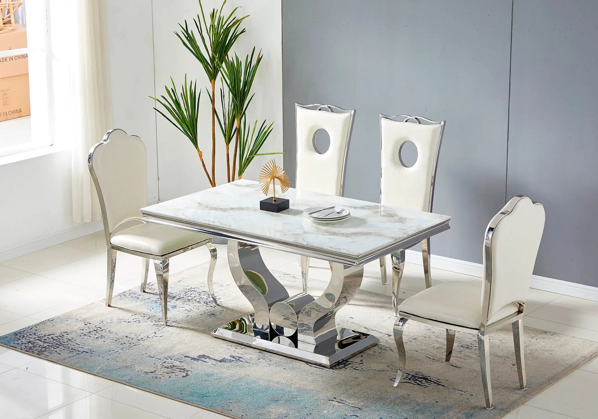 Ensemble table chaise marbre blanc argent NEA New Design