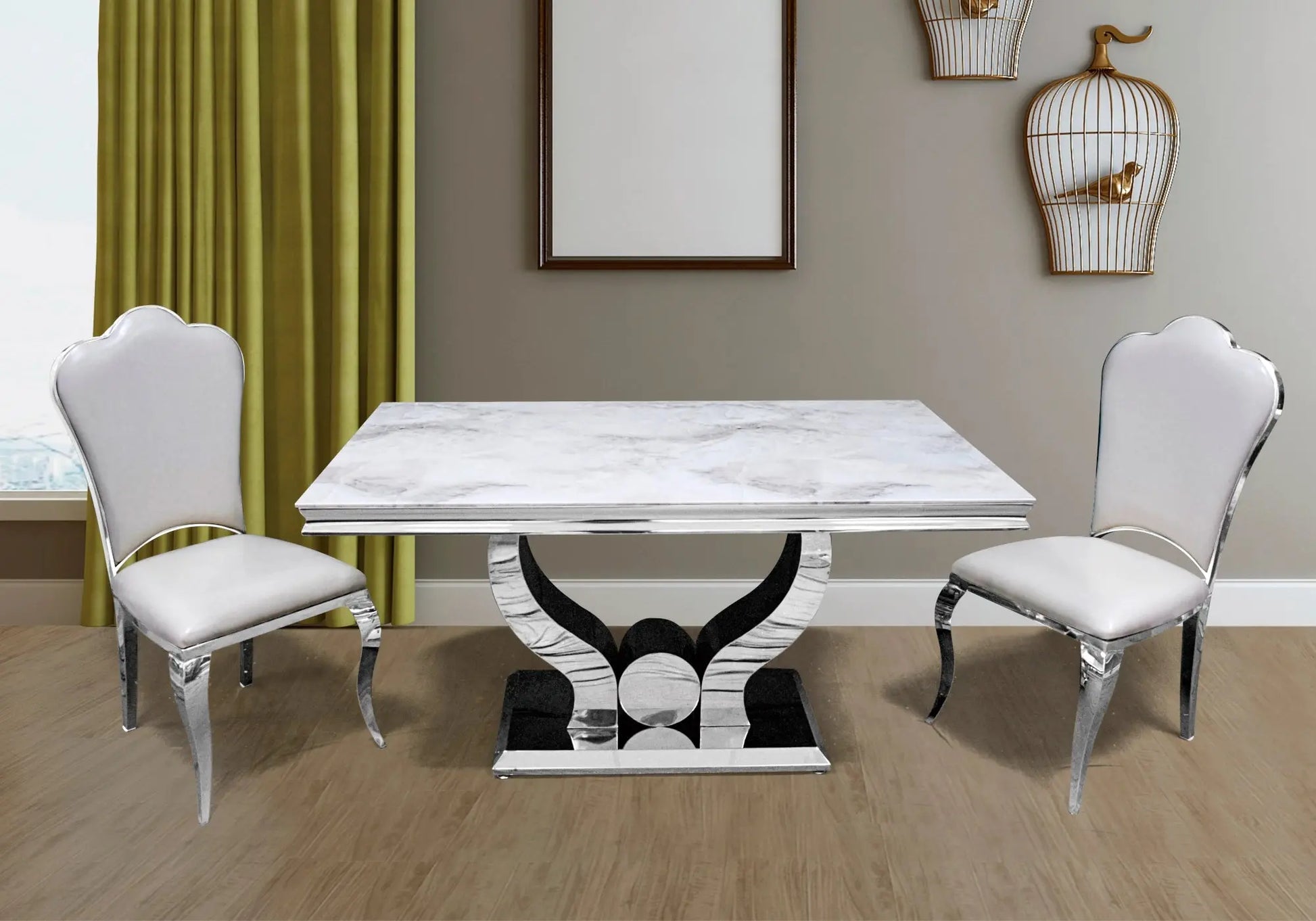 Ensemble table chaise marbre blanc argent NEA New Design