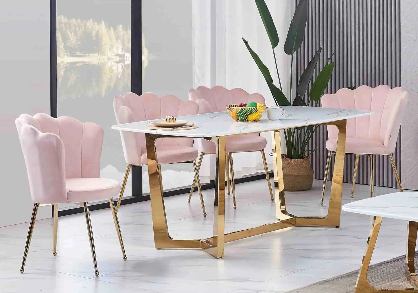 Ensemble table chaise marbre blanc doré GAYA pour repas de luxe