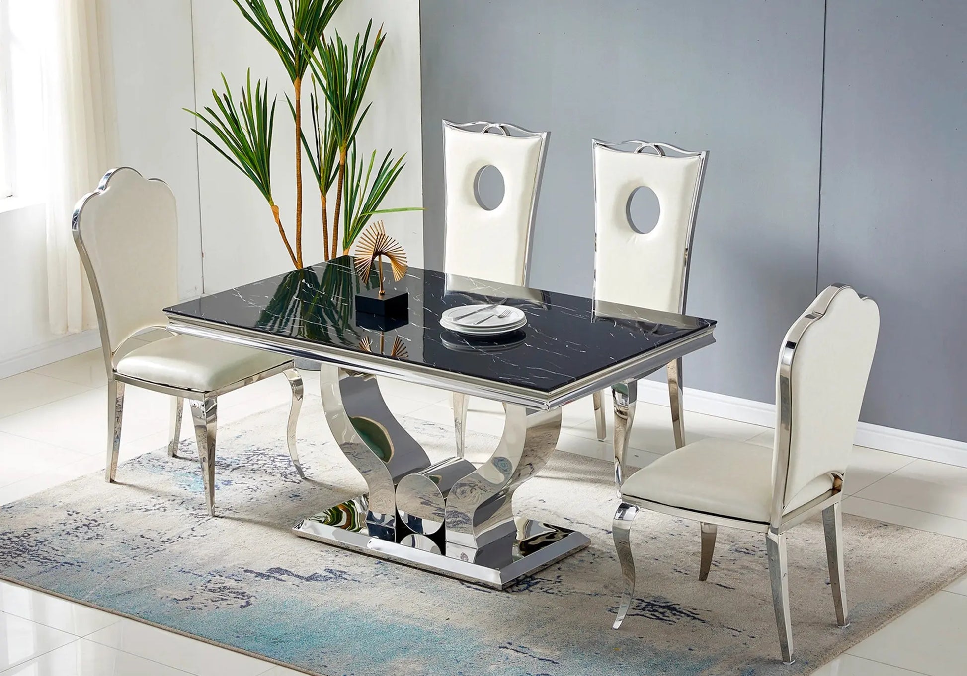 Ensemble table chaise marbre noir argent NEA