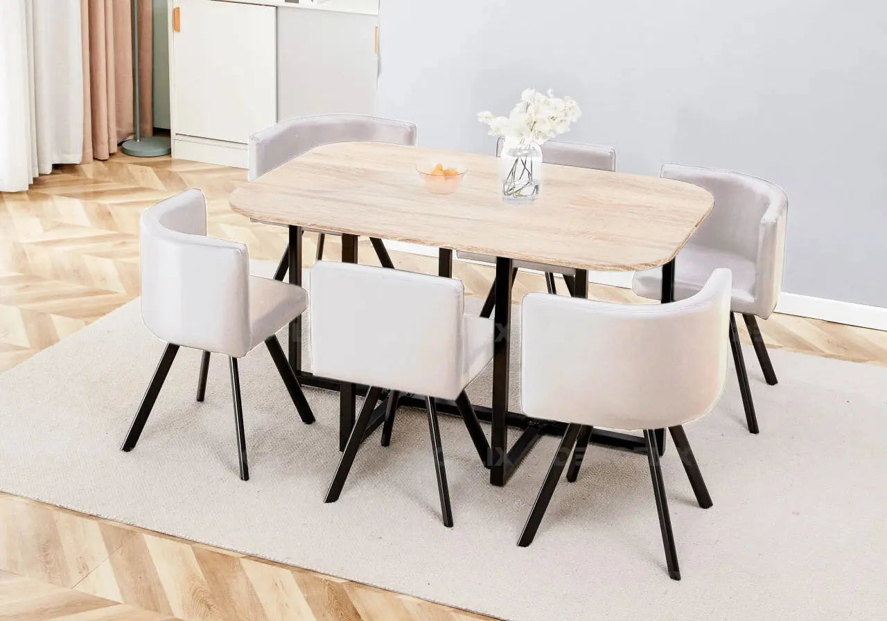 Ensemble table chêne et 6 chaises beige SPACE New Design